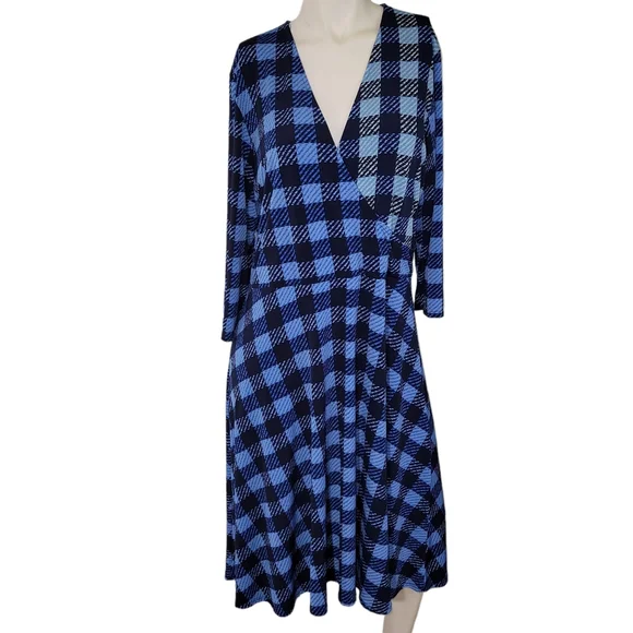 Leota Dresses Leota Blue Plaid Faux Wrap Midi Dress Size X